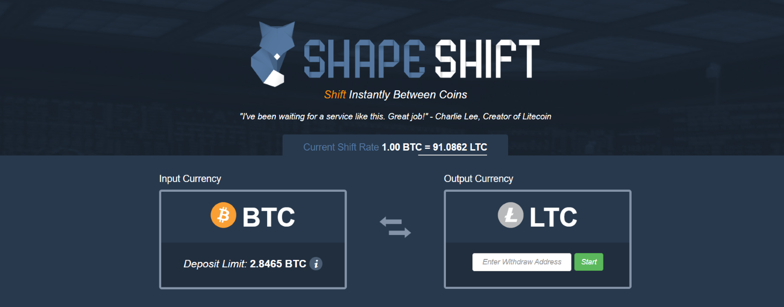 ShapeShift's home page in 2014 